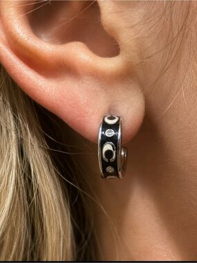 Coach Black Enamel Crystal Signature C Silver Tone Hoop Earrings